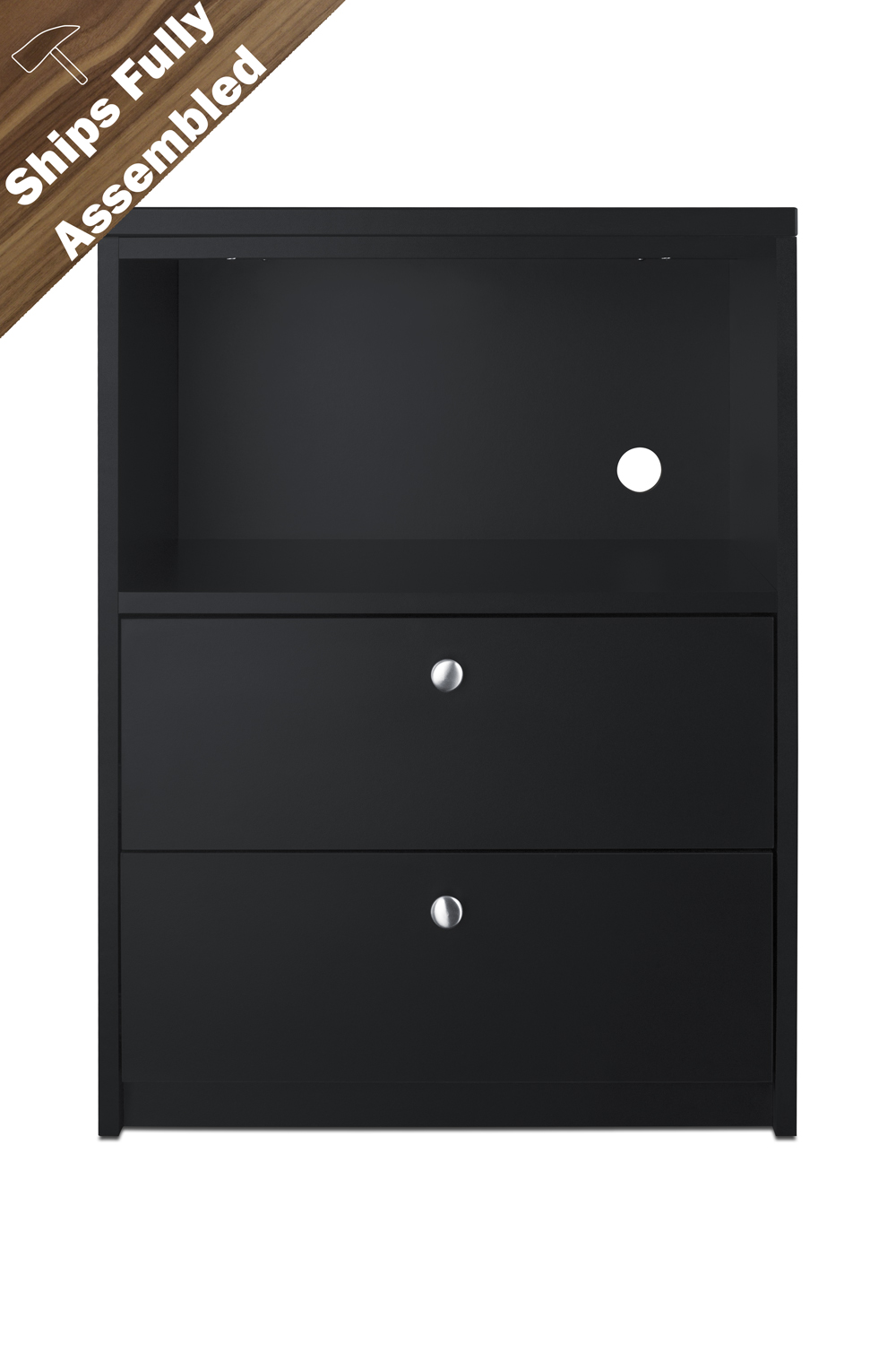 Fully assembled casework cabinet with two storage drawers in ADA compliant height and black finish designed to accept compact microwaves